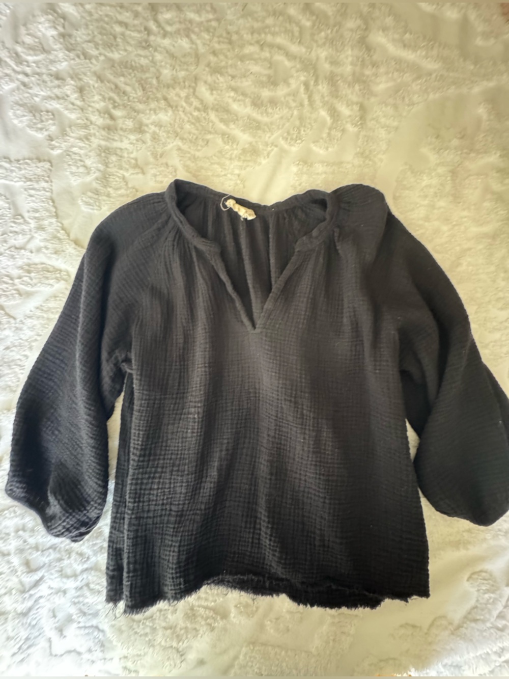 Nation Ltd M Black Cotton Top 3/4 Sleeves Ladies “Mimi” Peasant Blouse V Neck